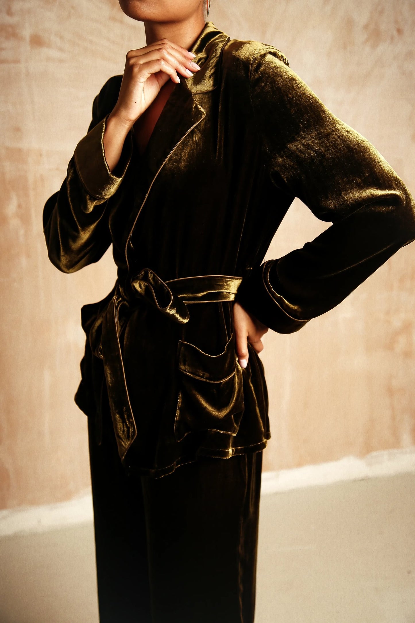 Pamela olive silk-velvet suit