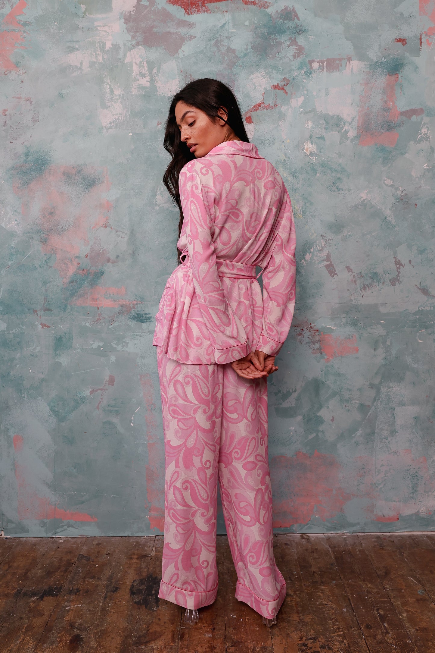 Rizzo pink swirl smoking suit