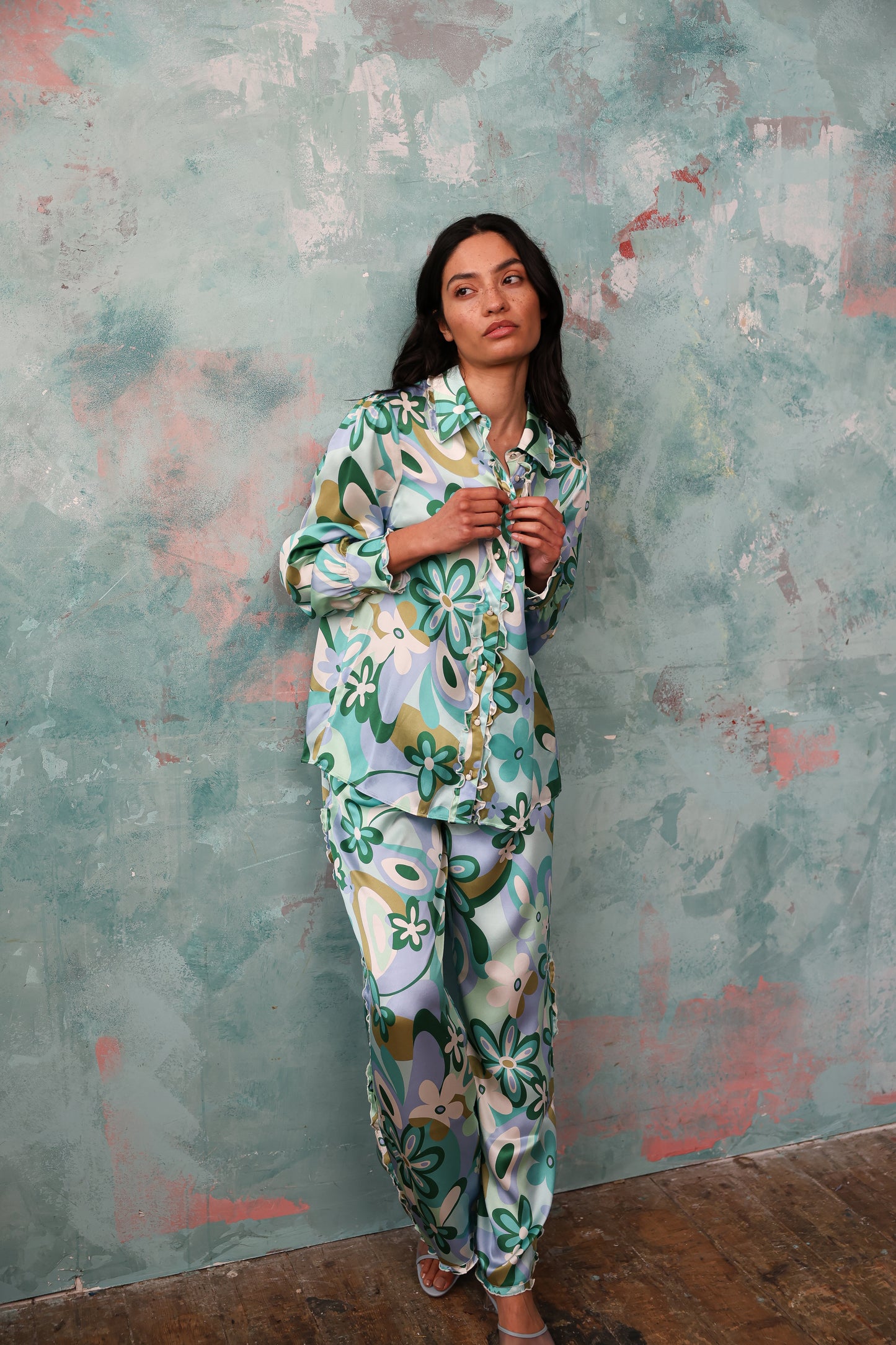 Vogue Green Floral Silk Set