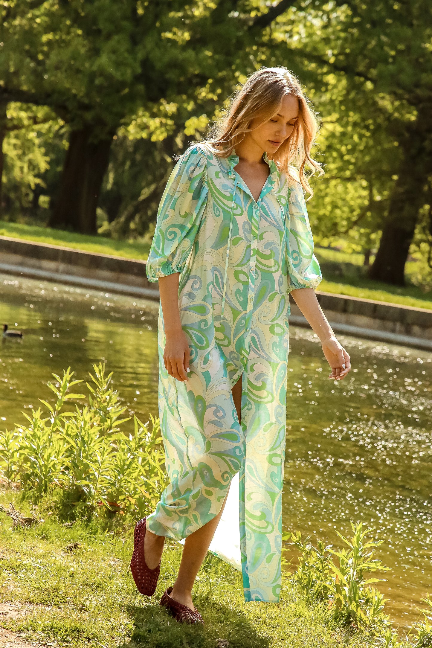 Nelda Silk Green Paisley Dress