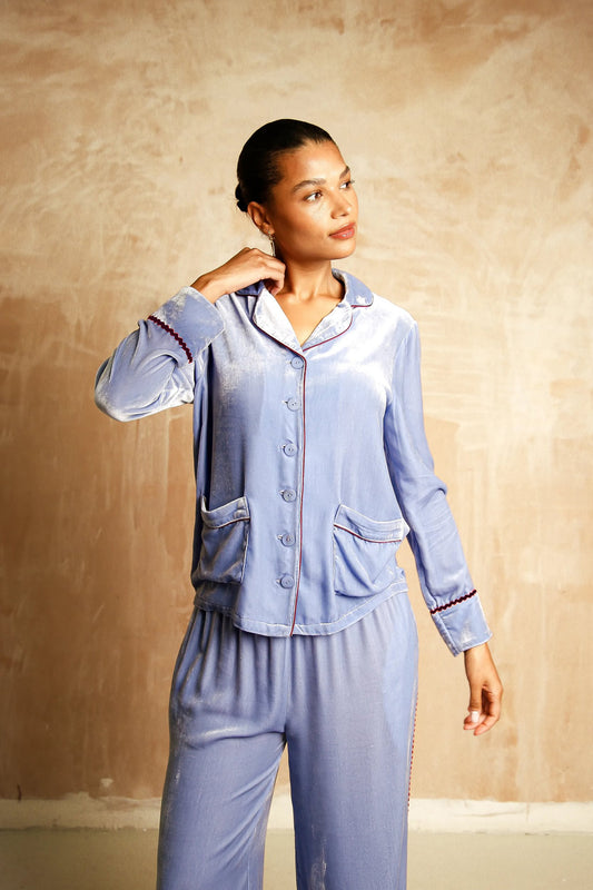 Clara blue silk-velvet set