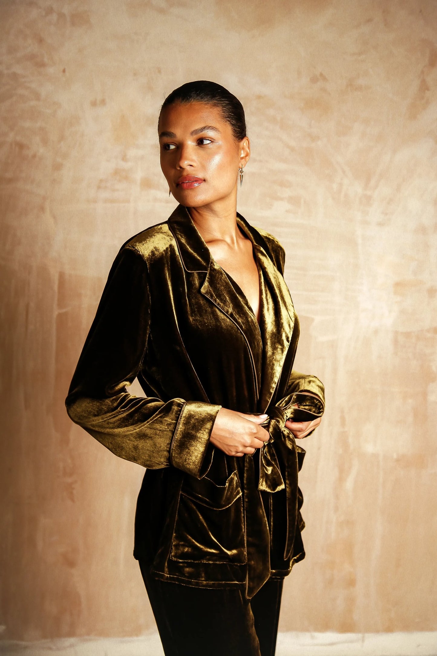 Pamela olive silk-velvet suit