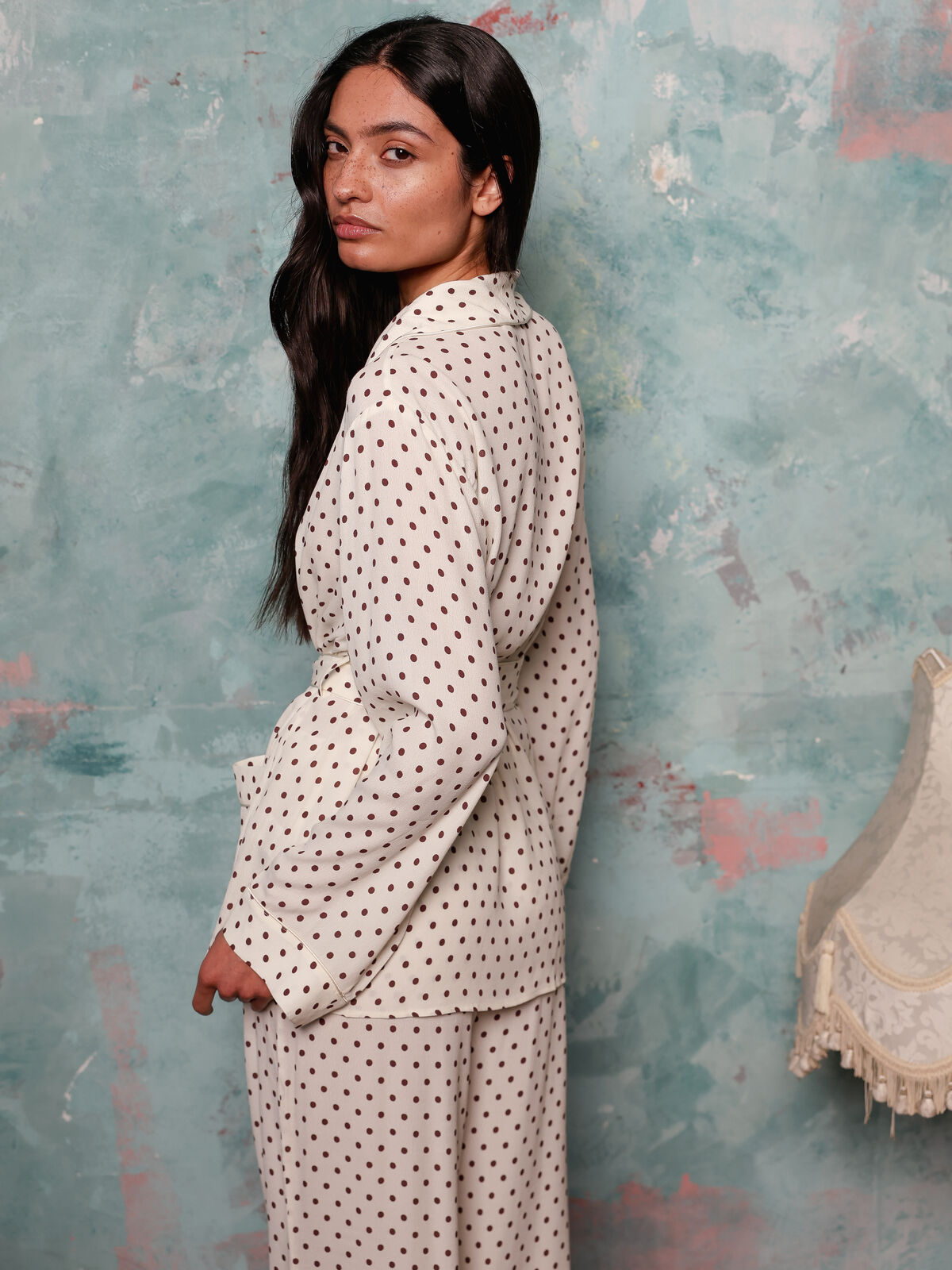 Rizzo cream polka dot smoking suit