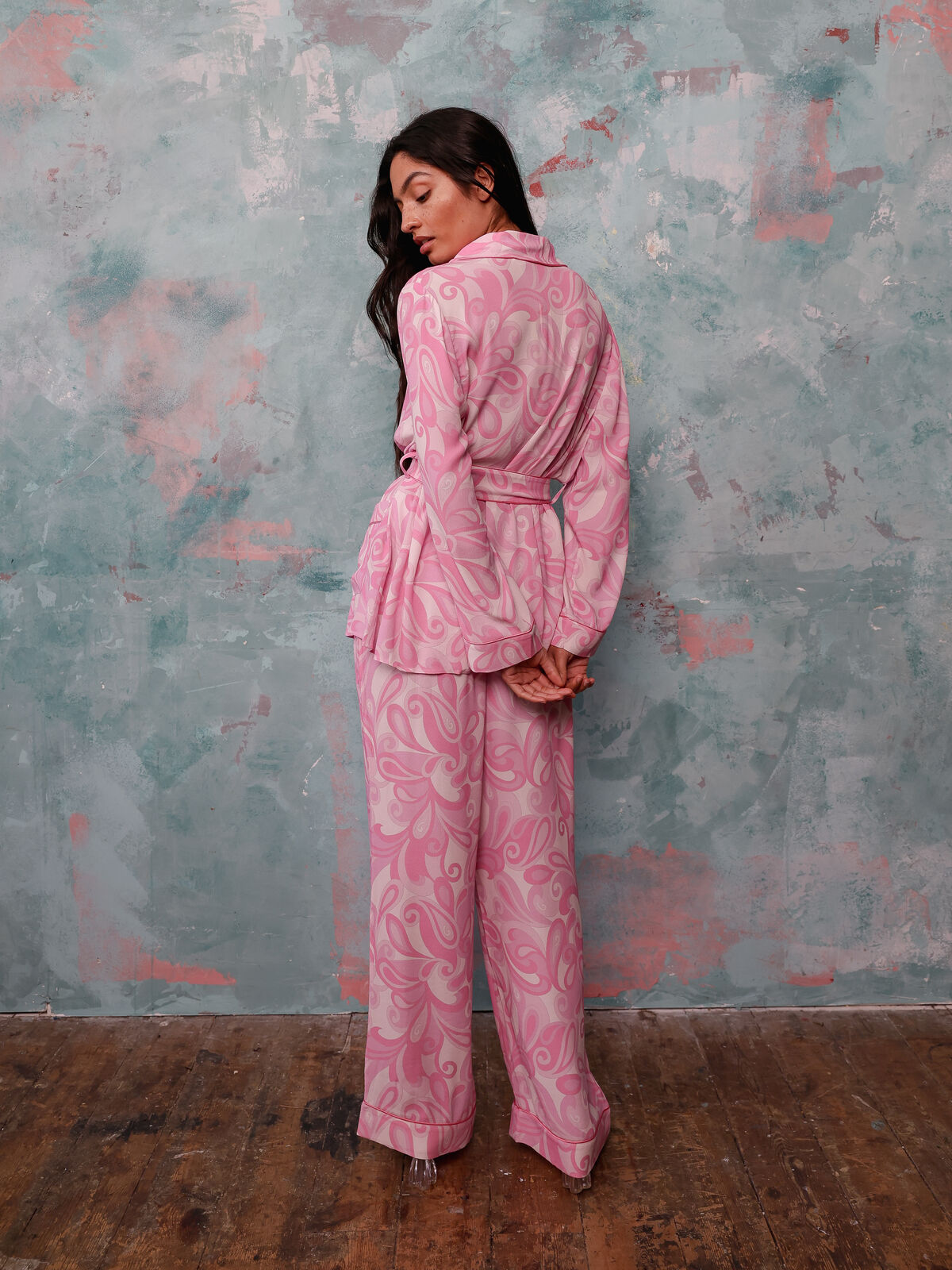 Rizzo pink swirl smoking suit