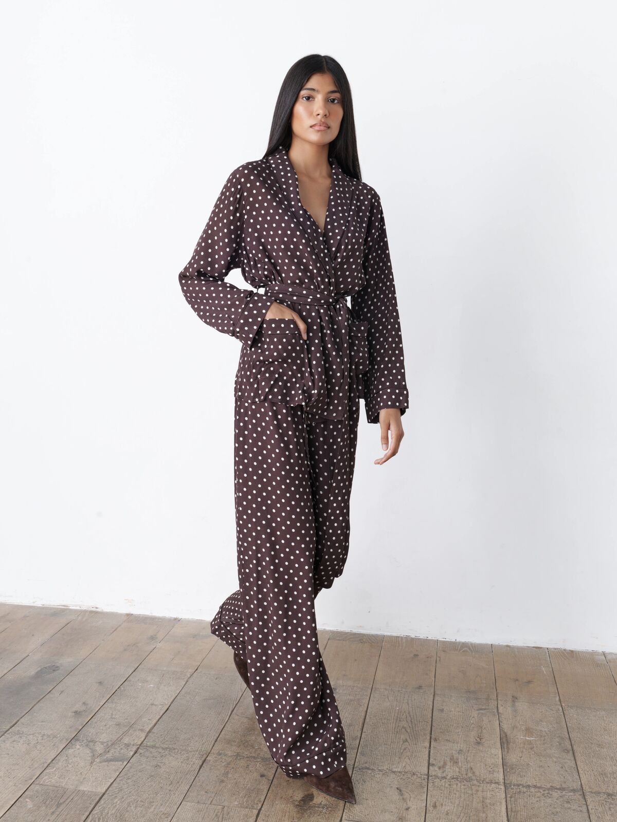 Rizzo brown polka dot smoking suit