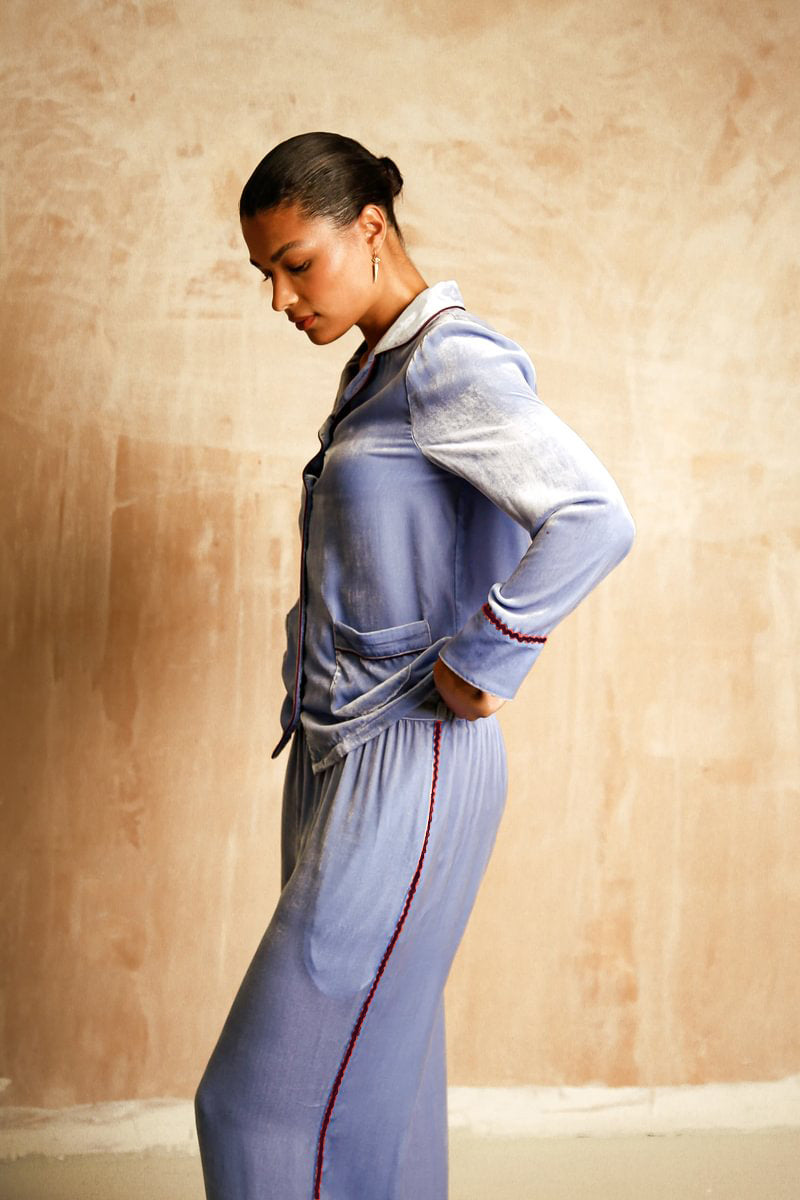 Clara blue silk-velvet set