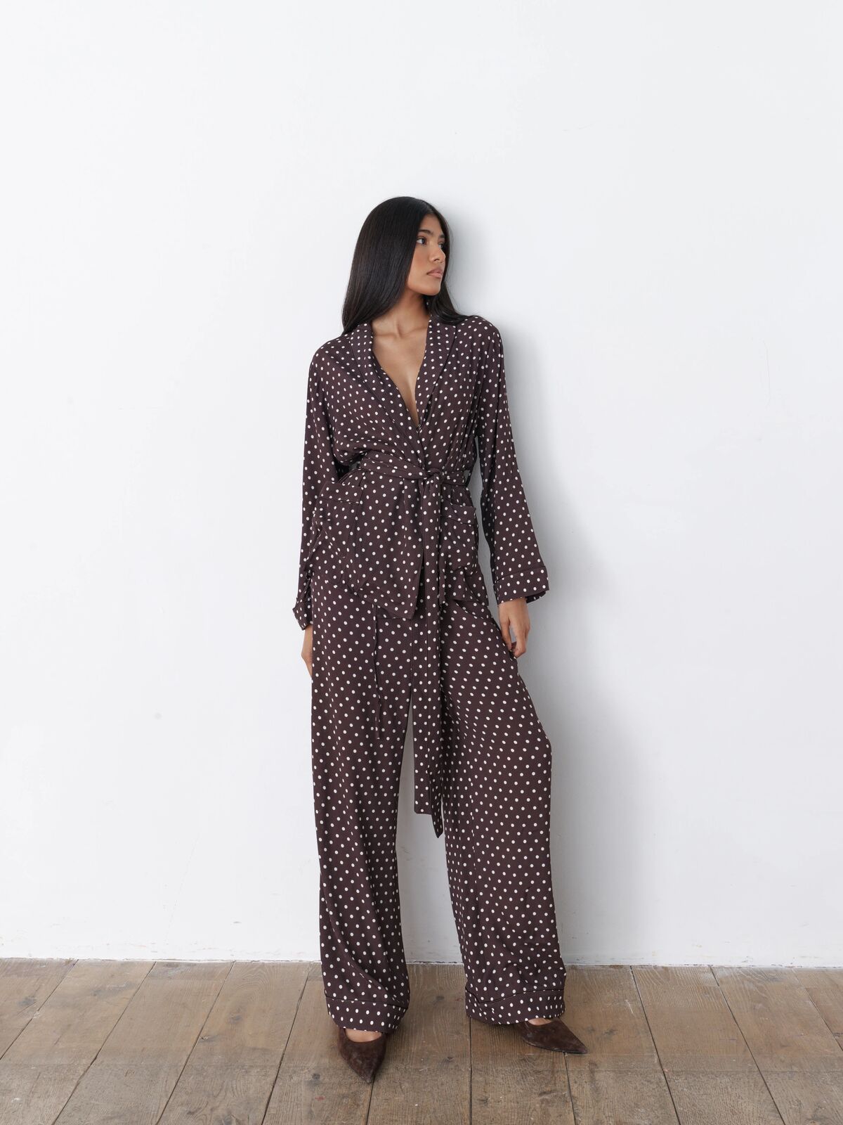 Rizzo brown polka dot smoking suit